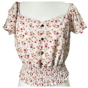 Monteau XL Floral Crop Top Puff Sleeve Smocked Waist Blouse Y2K Cottagecore